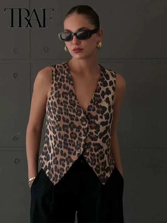 Women's Single-Breasted Leopard Vests - Fashion Connection 