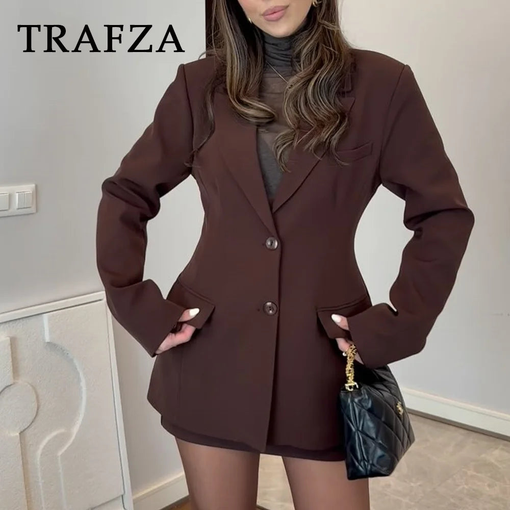 Single-Breasted Suit featuring Shrug Pockets Blazer, Elegant Zipper Skirt, Chic Baggy Pant